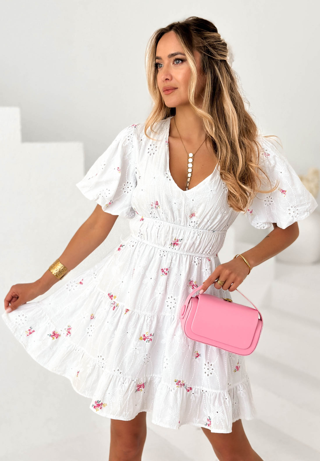 Miss Floria White Cotton Floral Openwork Mini Dress with Puff Sleeves