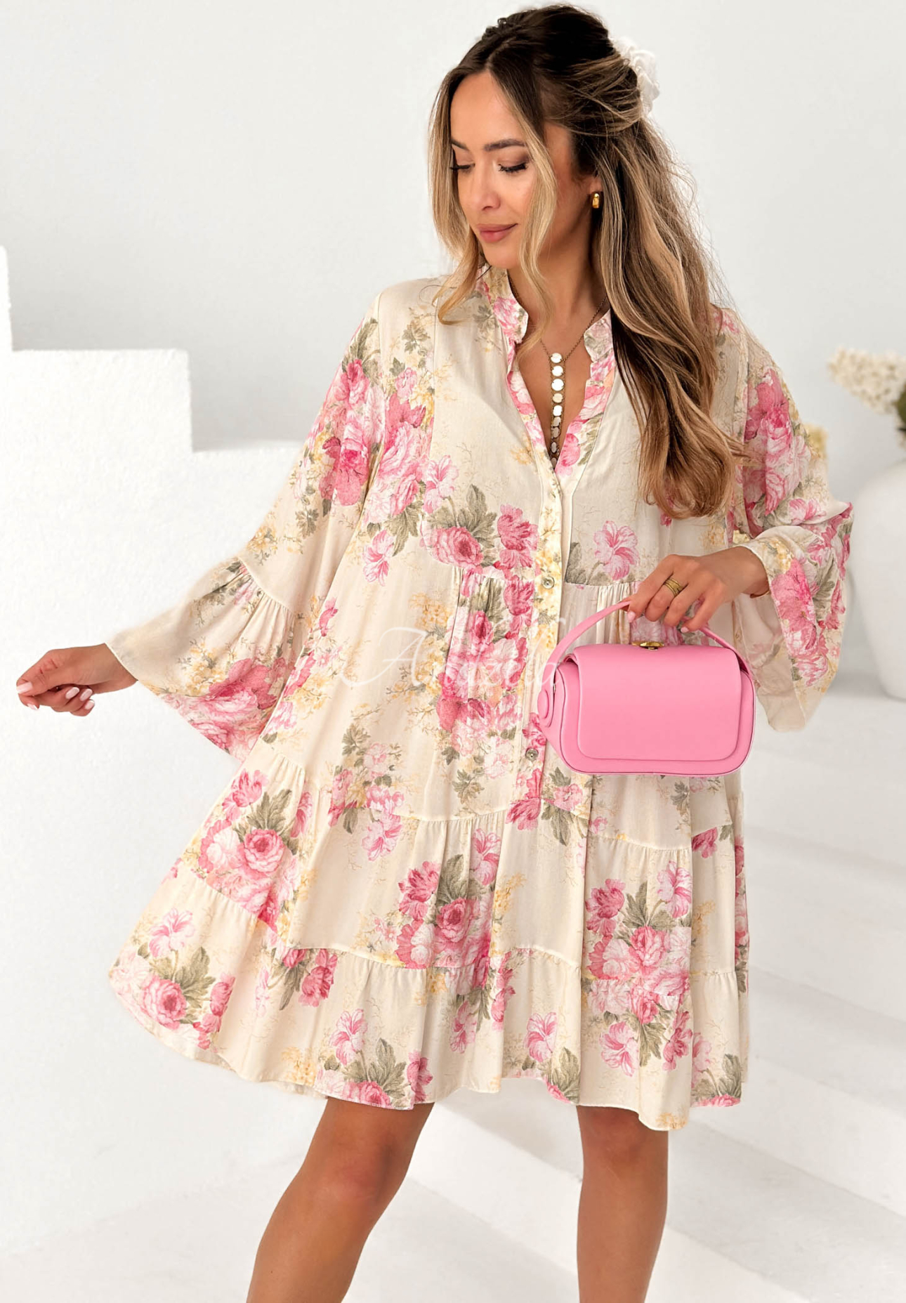 Miss Florita ecru oversized floral mini dress made of viscose