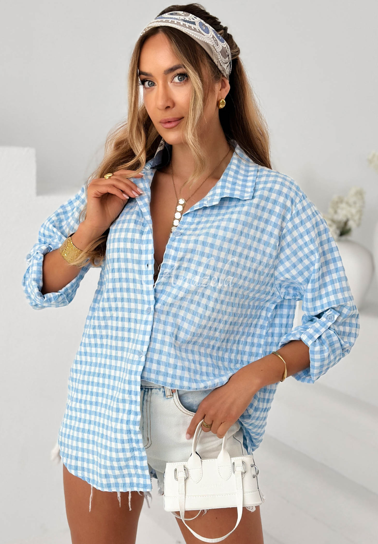 Just Believe Light Blue Checkered Cotton Shirt