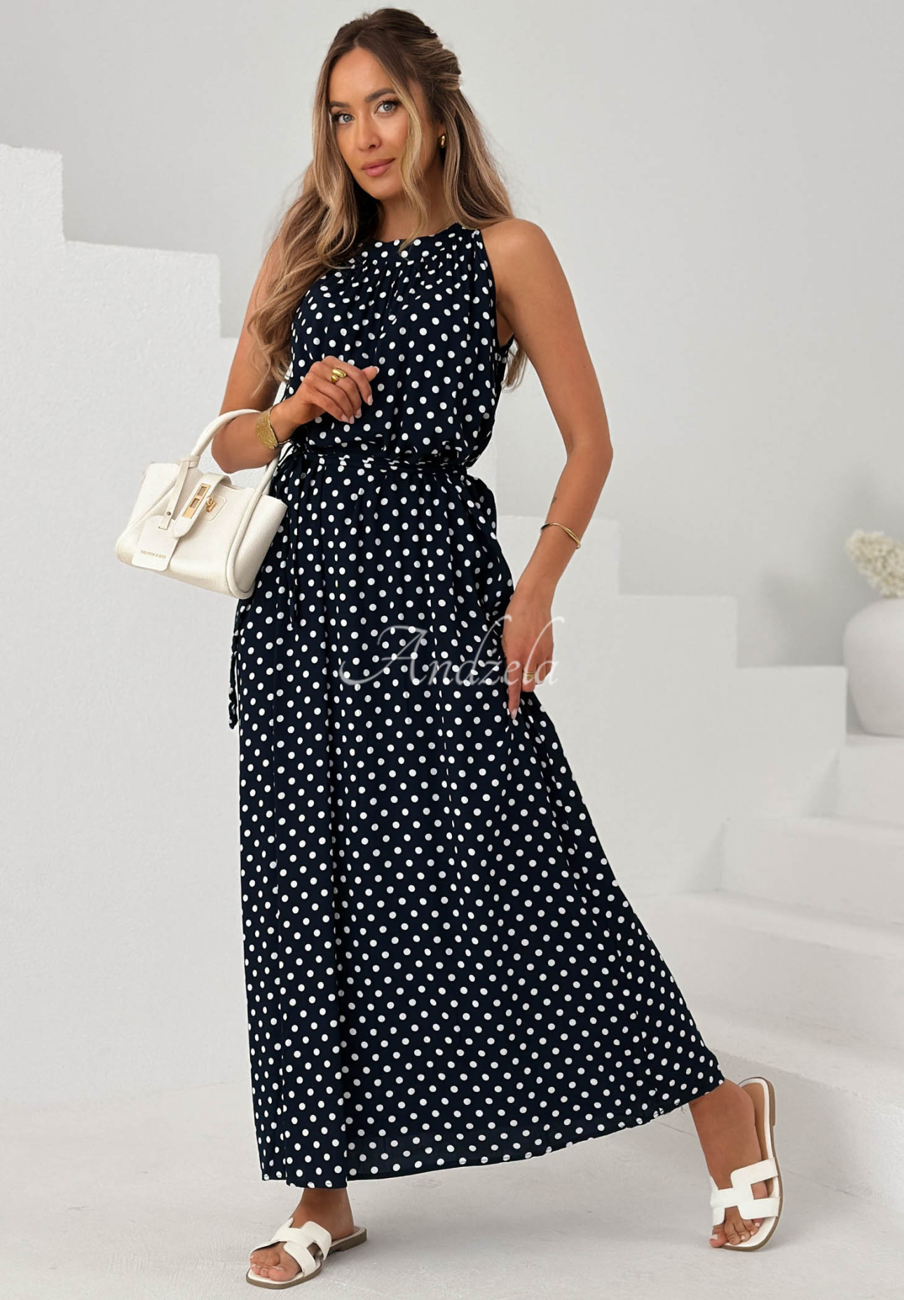 Sun &amp; Dots Navy Blue Polka Dot Viscose Maxi Dress