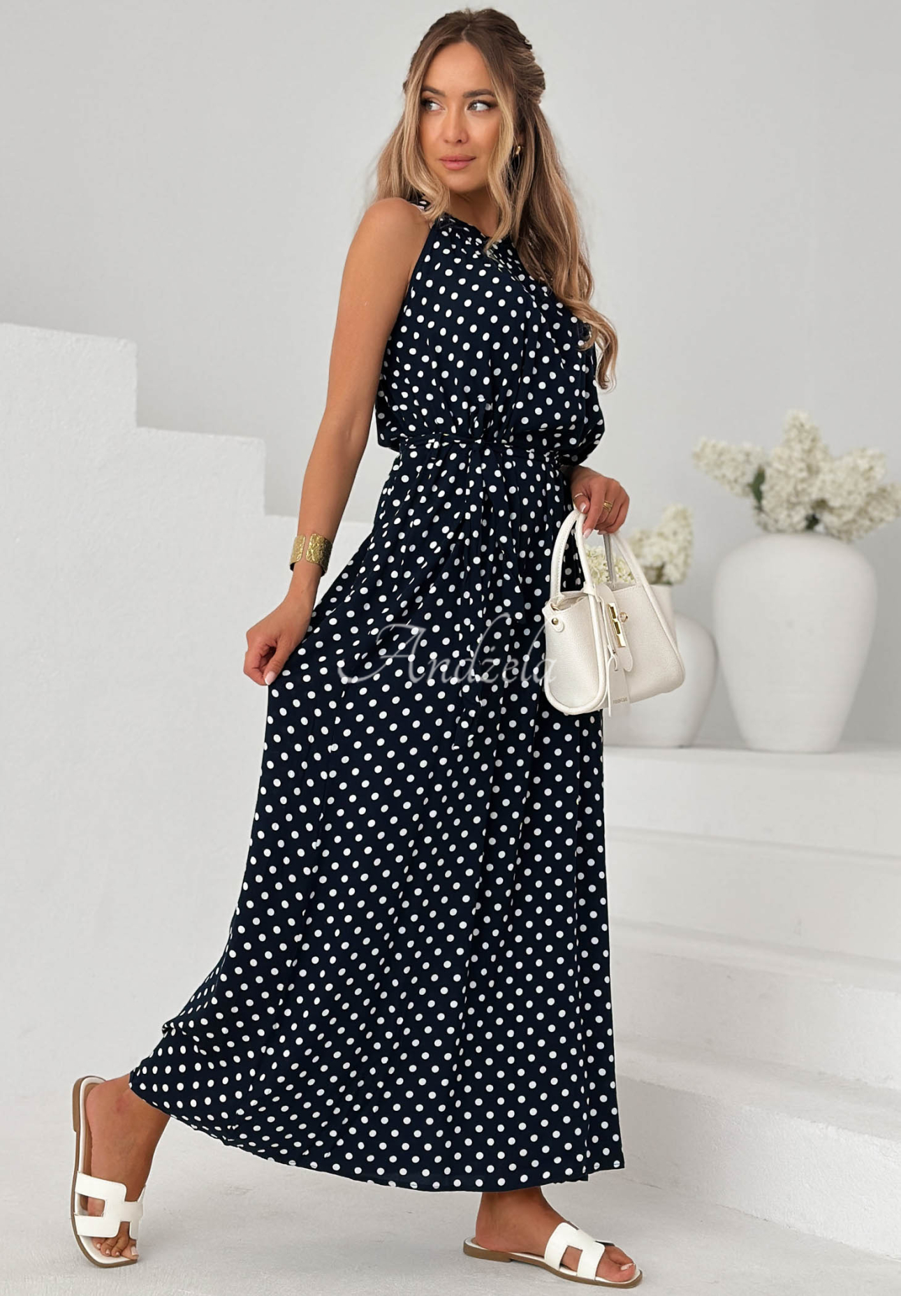 Sun &amp; Dots Navy Blue Polka Dot Viscose Maxi Dress