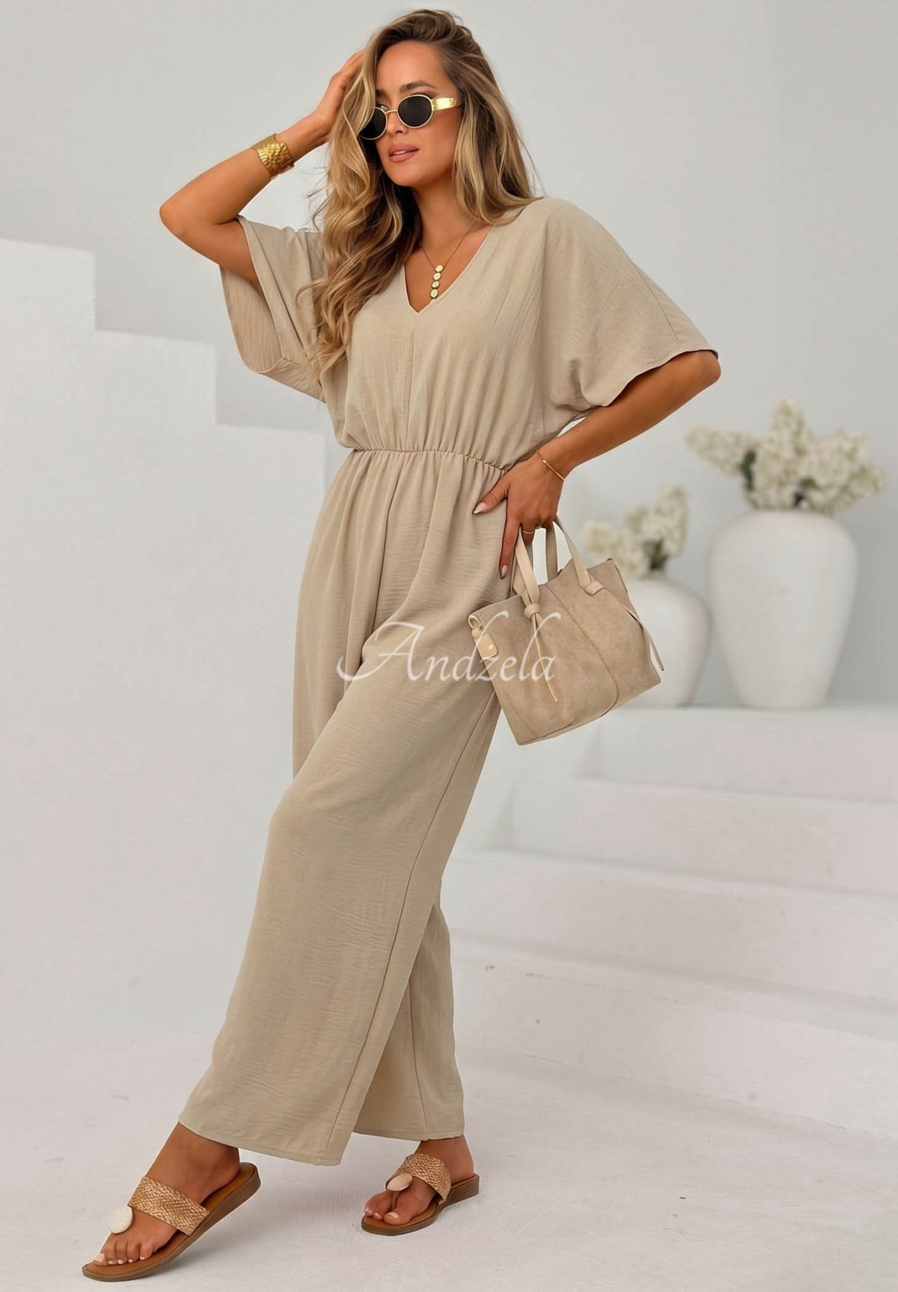 Forever Vacation Long Beige Viscose Jumpsuit
