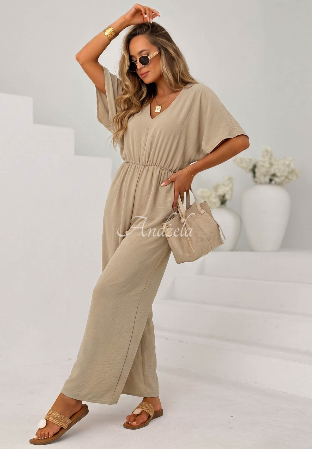 Forever Vacation Long Beige Viscose Jumpsuit