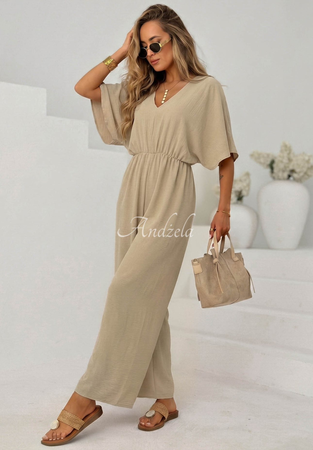 Forever Vacation Long Beige Viscose Jumpsuit
