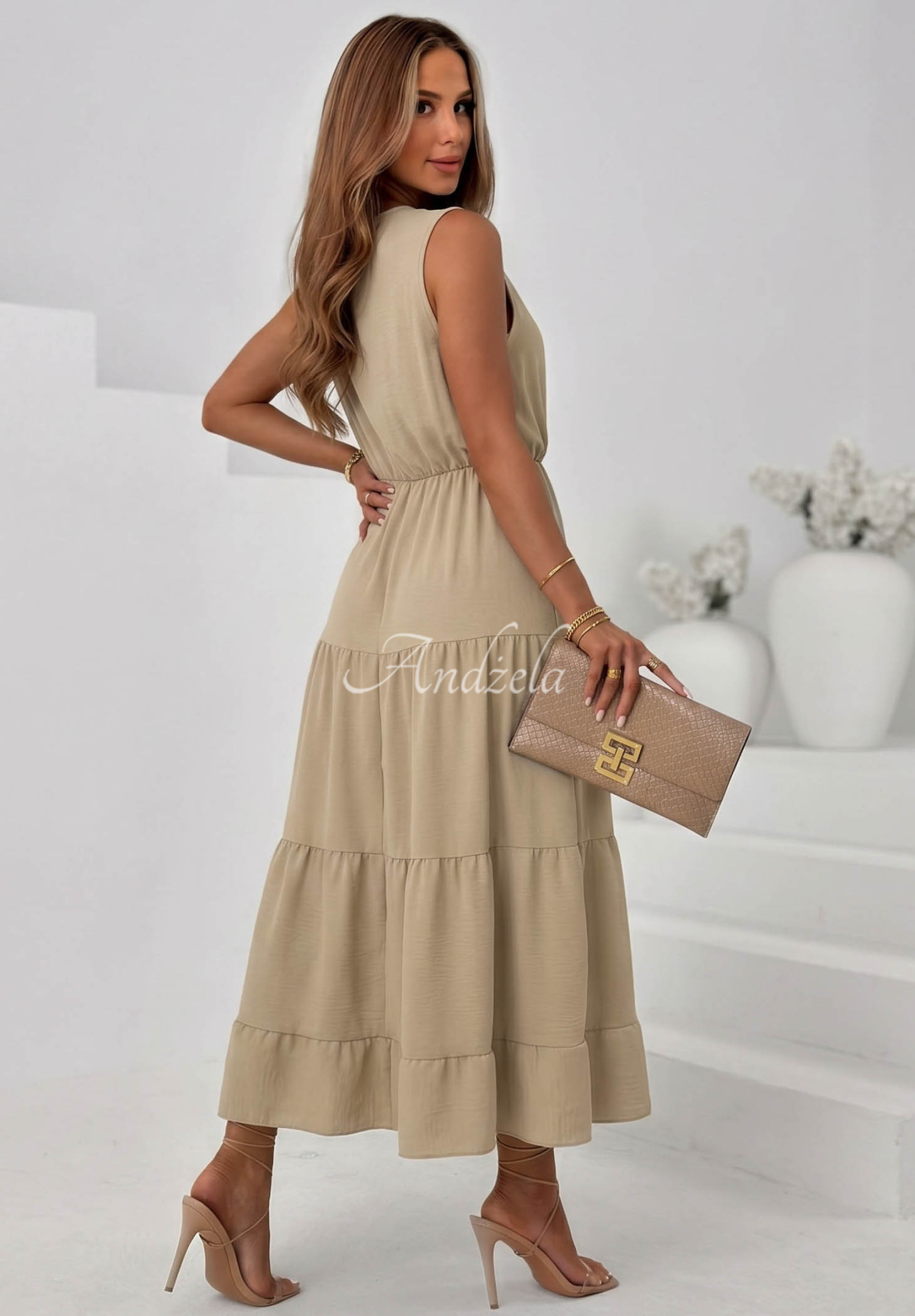 Sunwave Beige Viscose Maxi Dress with Straps and Ruffles