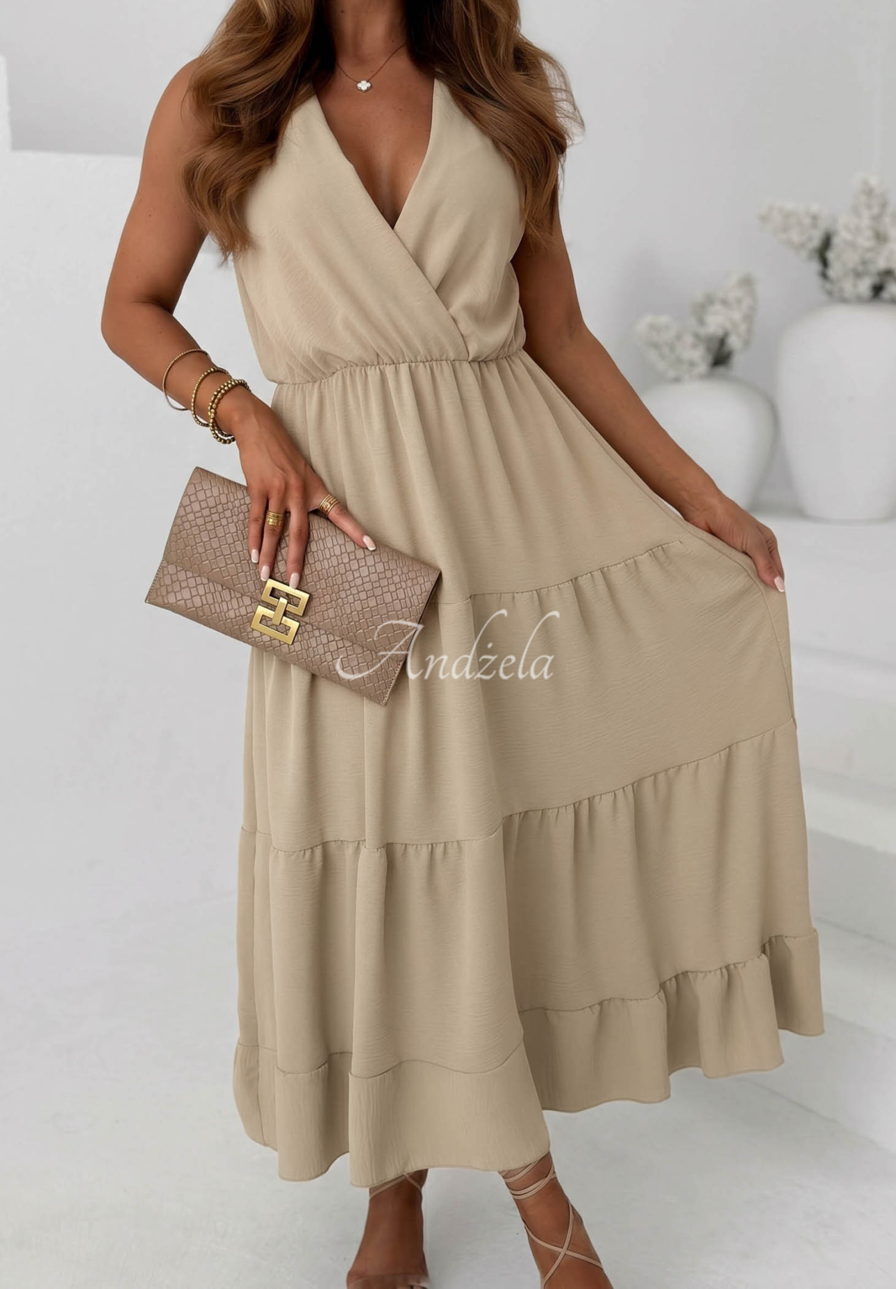 Sunwave Beige Viscose Maxi Dress with Straps and Ruffles