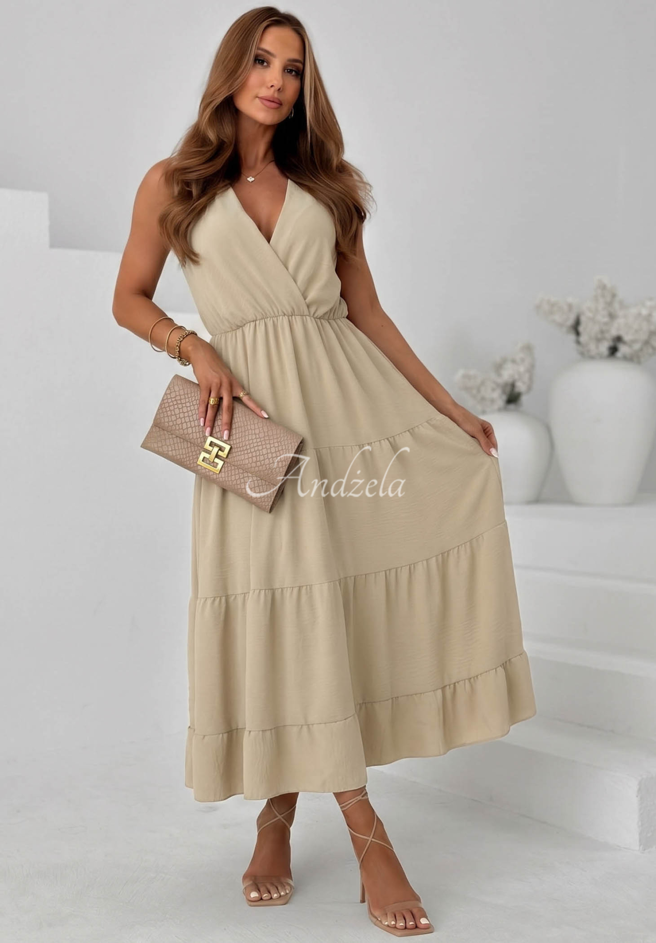 Sunwave Beige Viscose Maxi Dress with Straps and Ruffles
