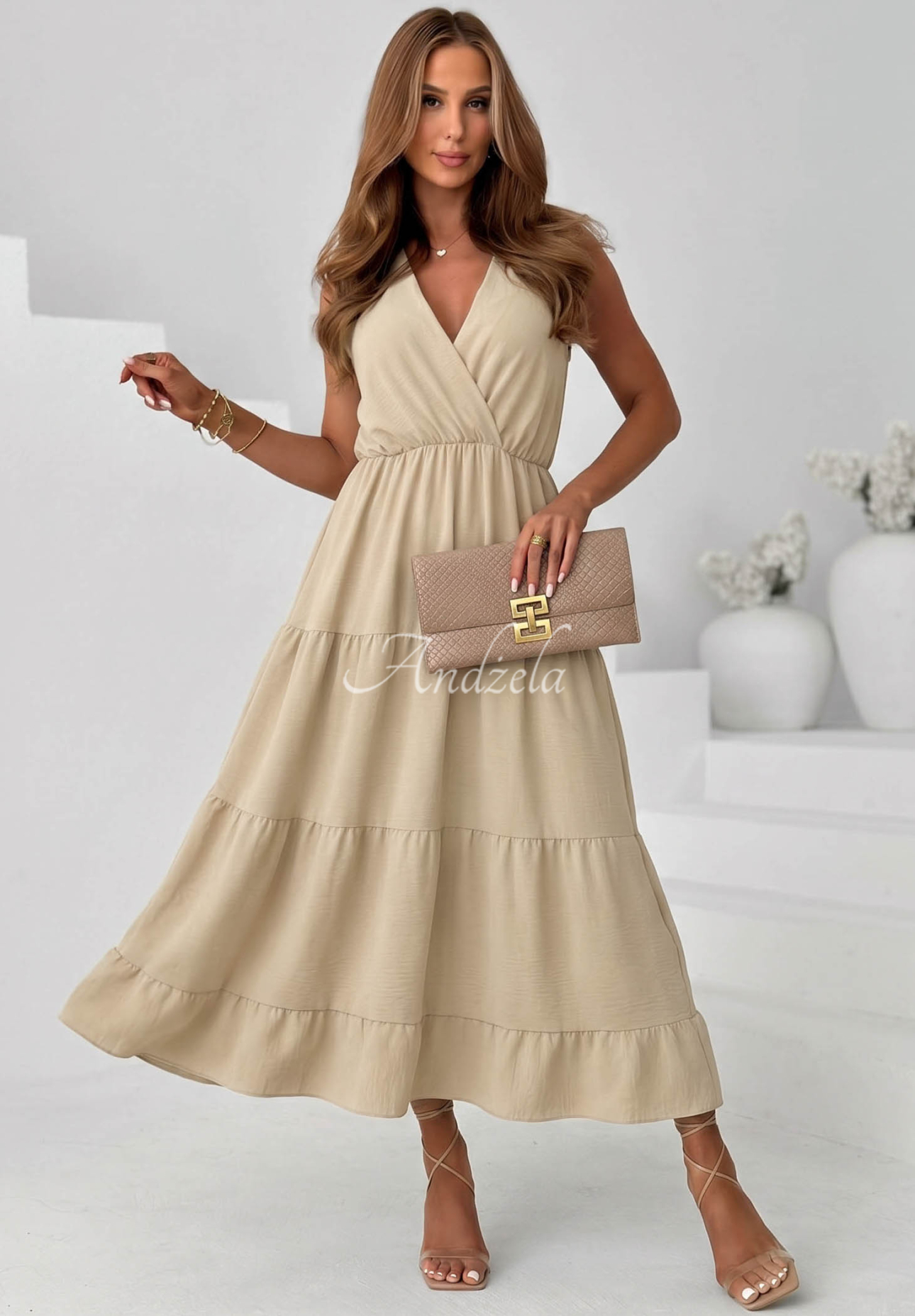 Sunwave Beige Viscose Maxi Dress with Straps and Ruffles