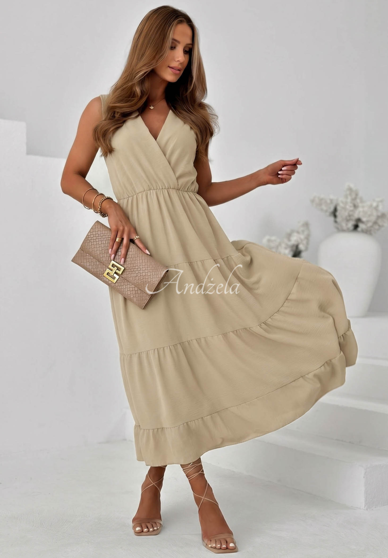 Sunwave Beige Viscose Maxi Dress with Straps and Ruffles