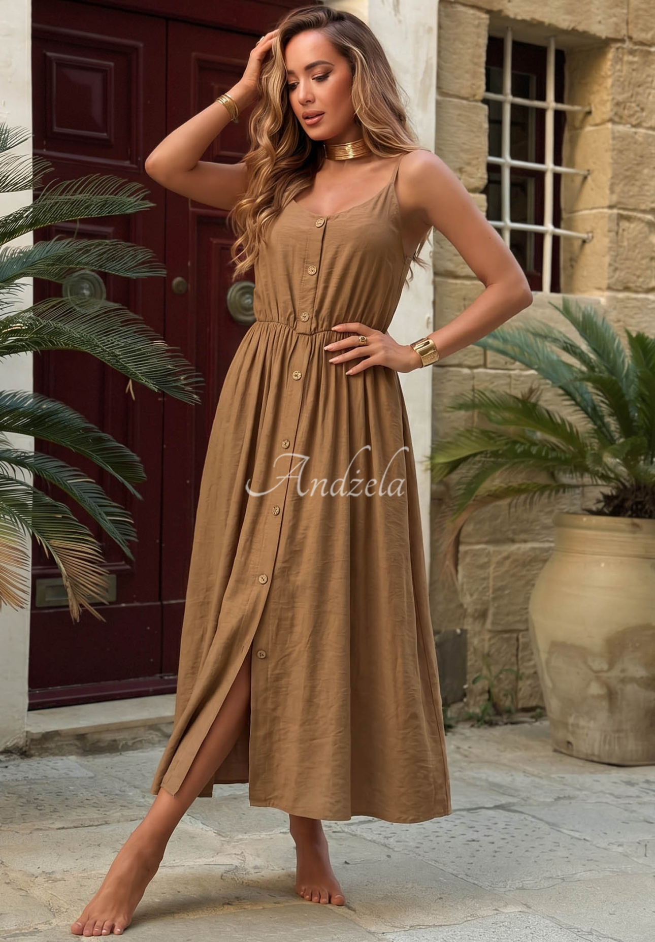 The Holiday camel-colored viscose midi dress with spaghetti straps