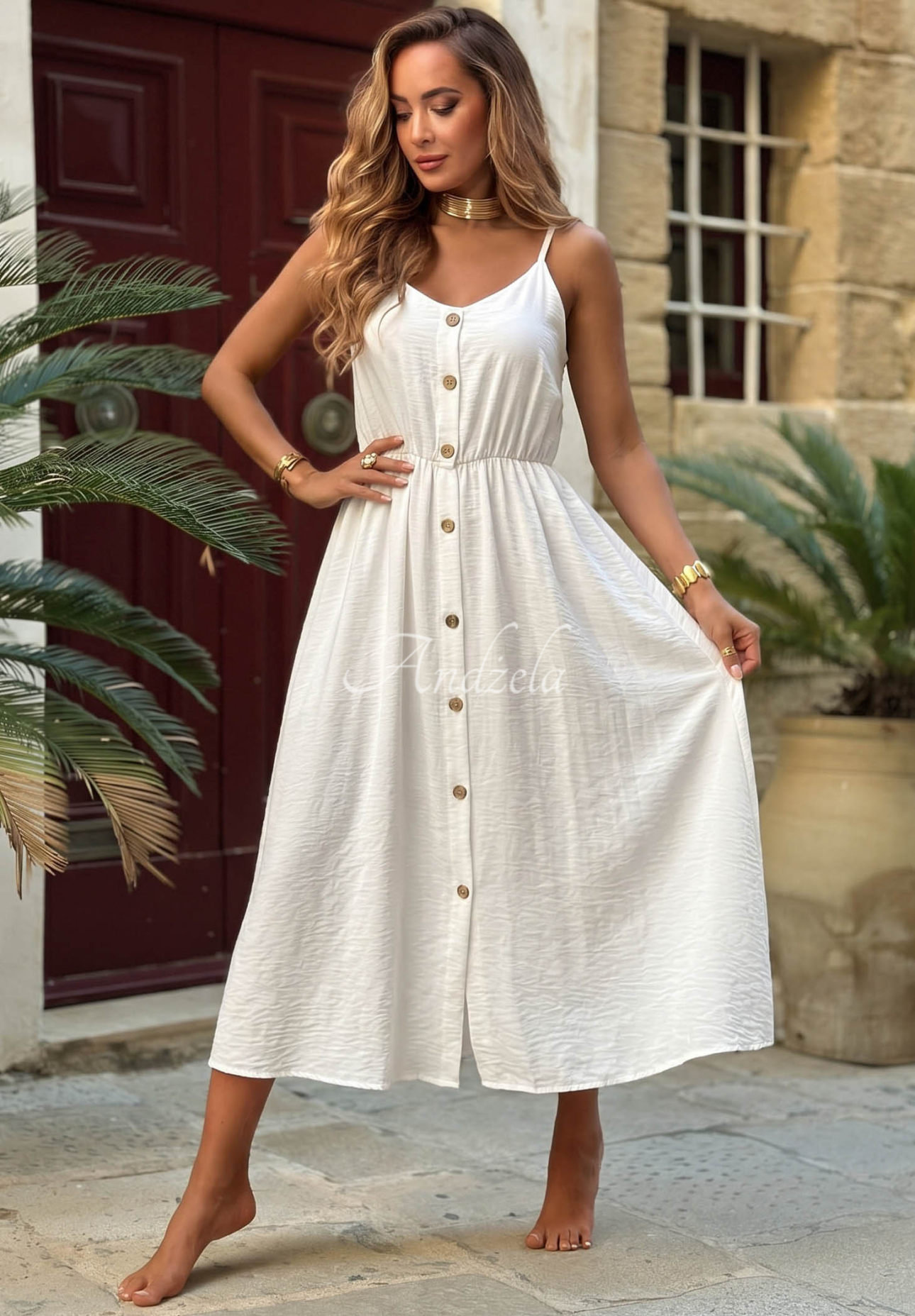 The Holiday White Viscose Midi Dress with Spaghetti Straps