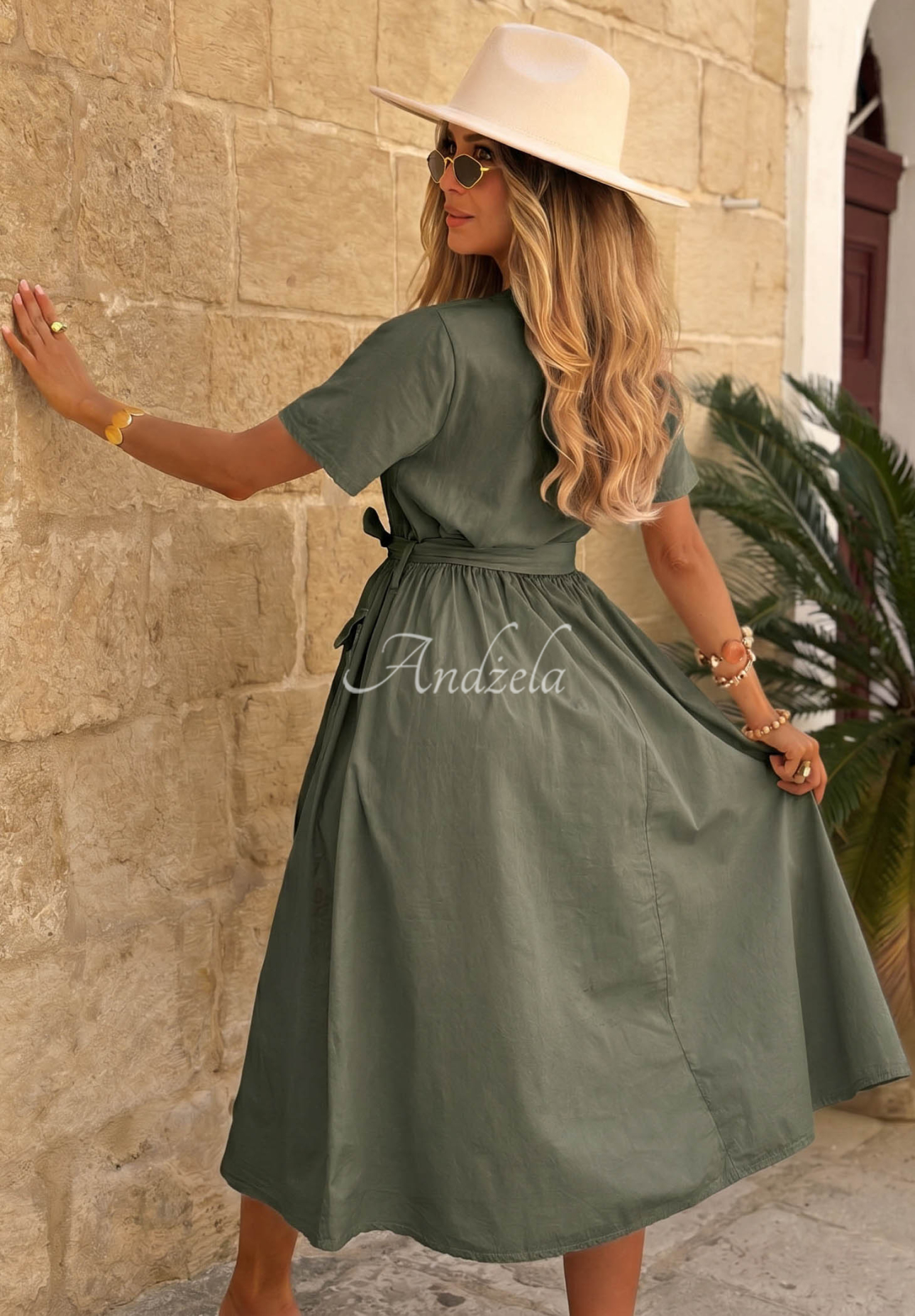 Suncharm khaki cotton dress with short sleeves and a belt