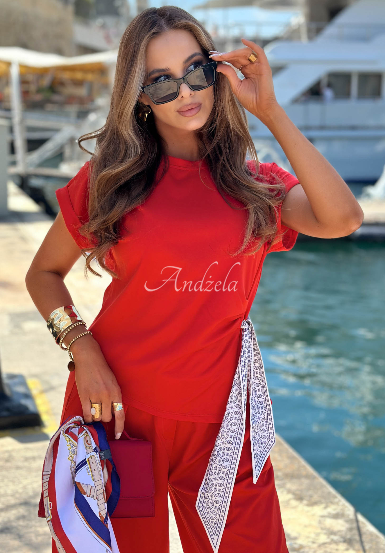 Sunny Dreams Red Lyocell Set: Blouse with a tied scarf and pants