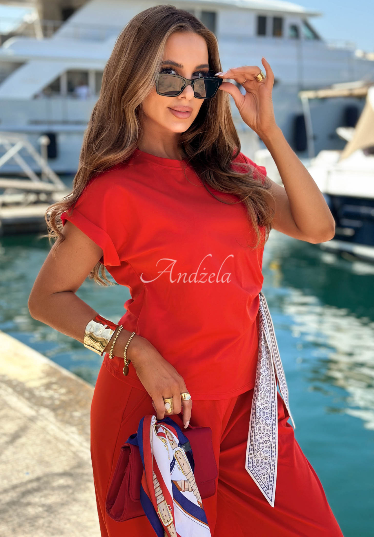 Sunny Dreams Red Lyocell Set: Blouse with a tied scarf and pants