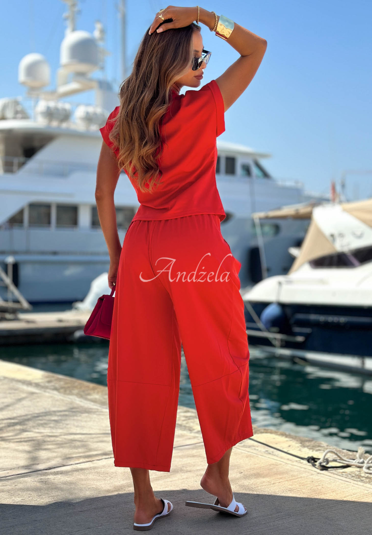 Sunny Dreams Red Lyocell Set: Blouse with a tied scarf and pants