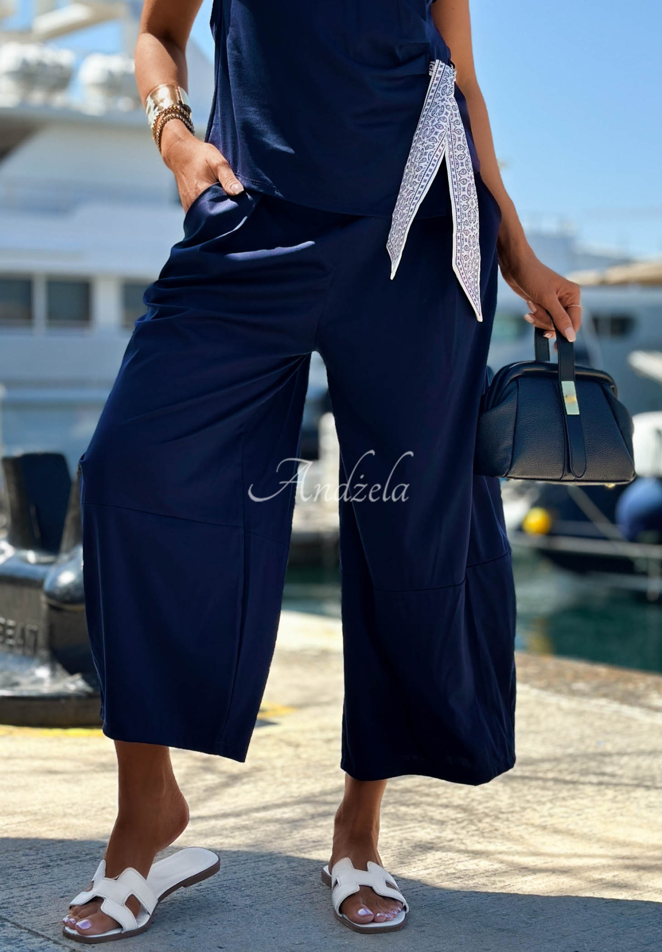Sunny Dreams Navy Blue Set: Blouse with a tied scarf and lyocell pants
