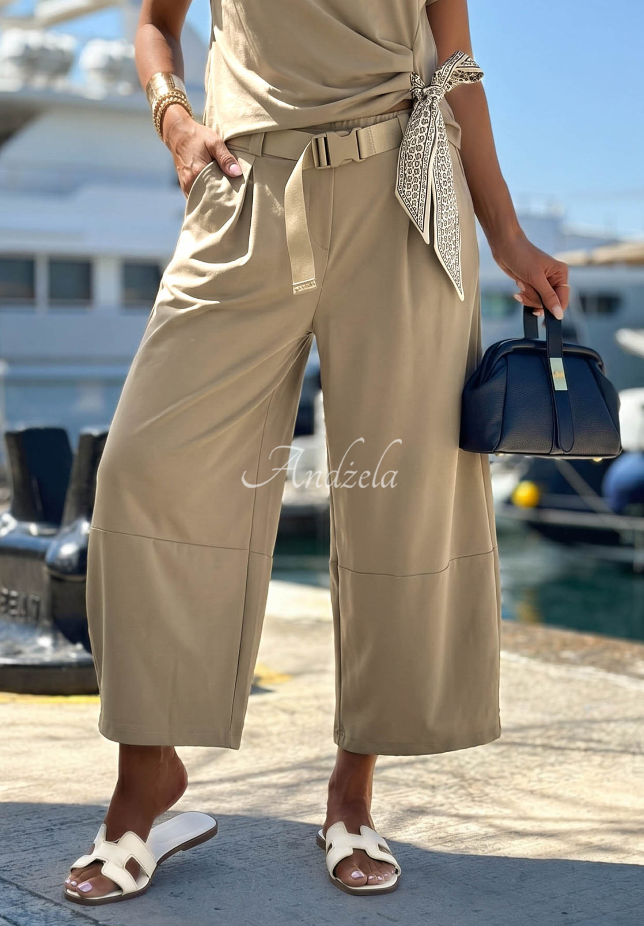 Sunny Dreams Mocha Lyocell Set: Blouse with a tied scarf and pants