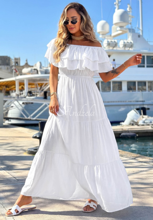 Santa Ritta White Viscose Off-the-Shoulder Dress with Ruffles