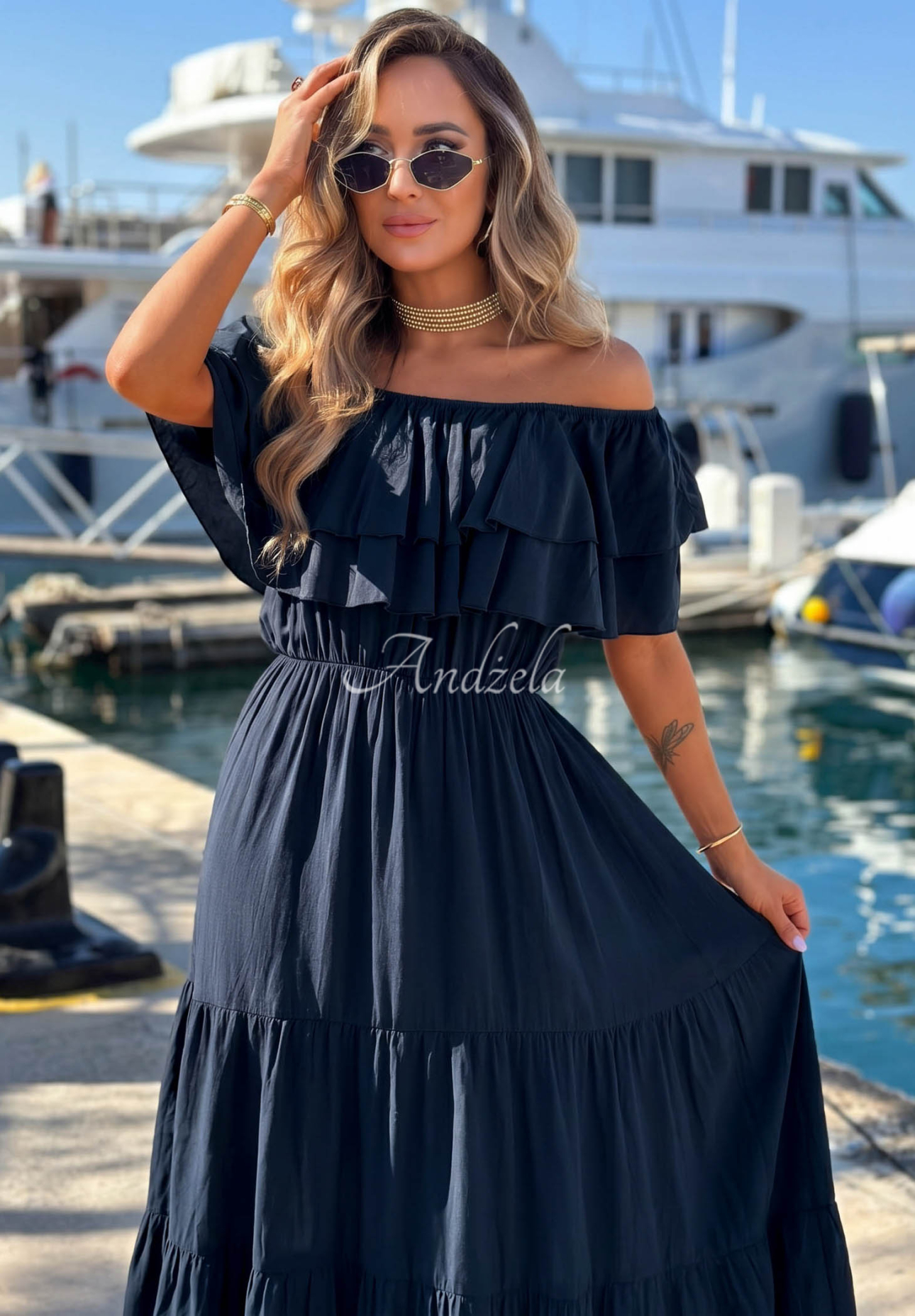 Santa Ritta Navy Blue Viscose Off-the-Shoulder Dress with Ruffles