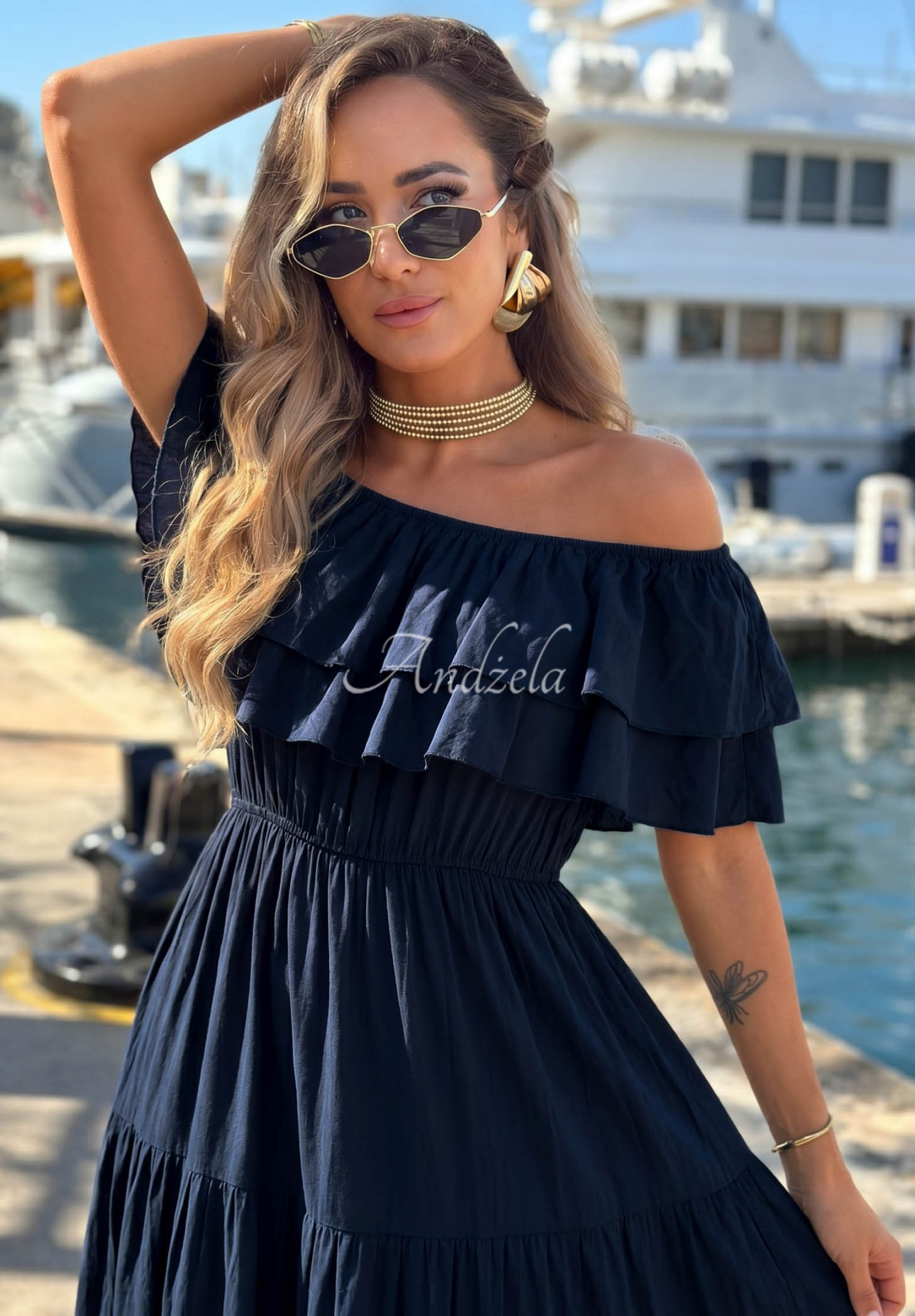 Santa Ritta Navy Blue Viscose Off-the-Shoulder Dress with Ruffles