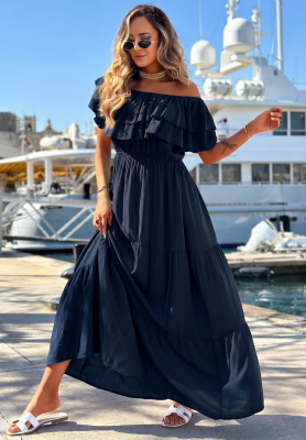 Santa Ritta Navy Blue Viscose Off-the-Shoulder Dress with Ruffles