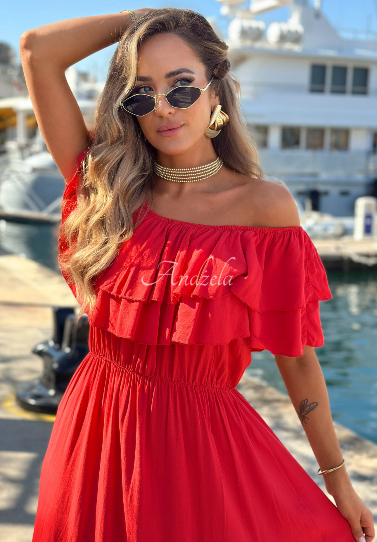 Santa Ritta Red Viscose Off-the-Shoulder Dress with Ruffles