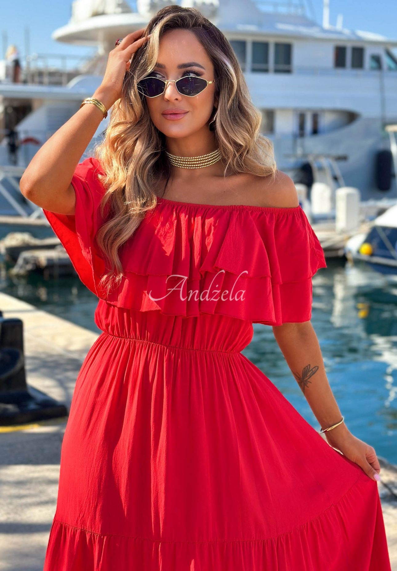 Santa Ritta Red Viscose Off-the-Shoulder Dress with Ruffles
