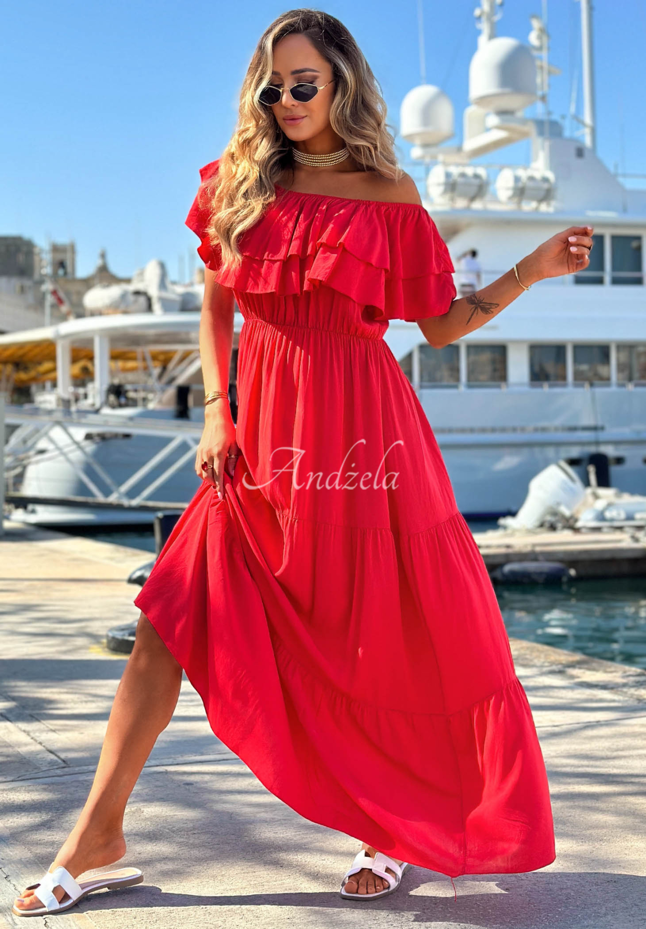 Santa Ritta Red Viscose Off-the-Shoulder Dress with Ruffles