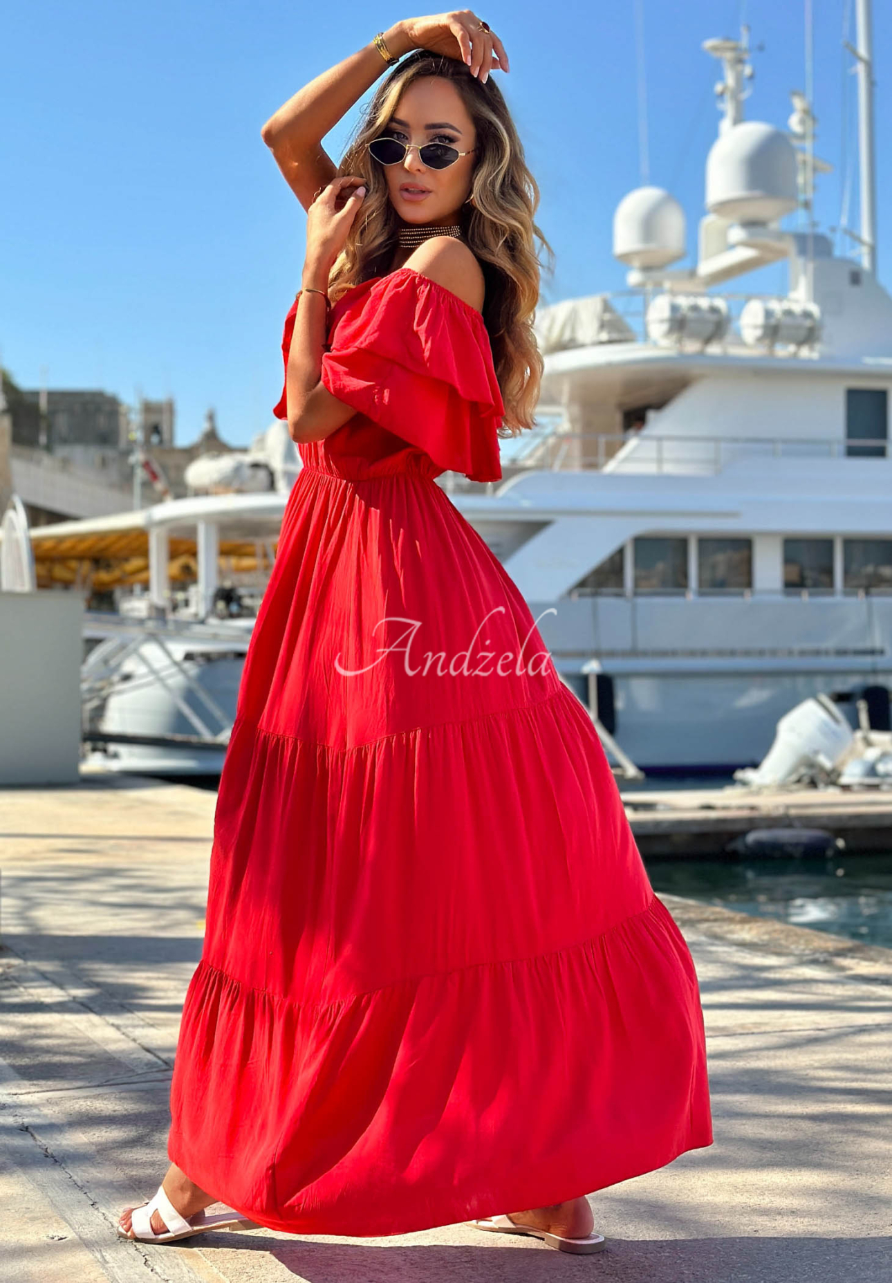 Santa Ritta Red Viscose Off-the-Shoulder Dress with Ruffles