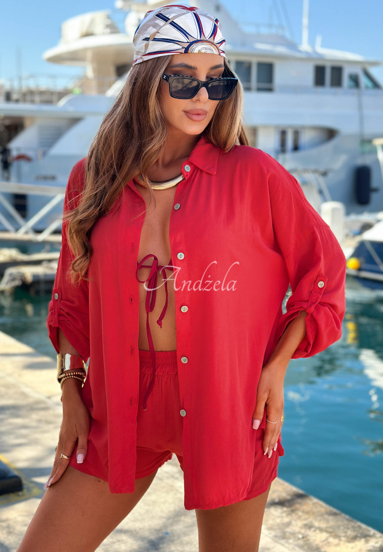 Summer Essence Red Viscose Shirt and Shorts Set