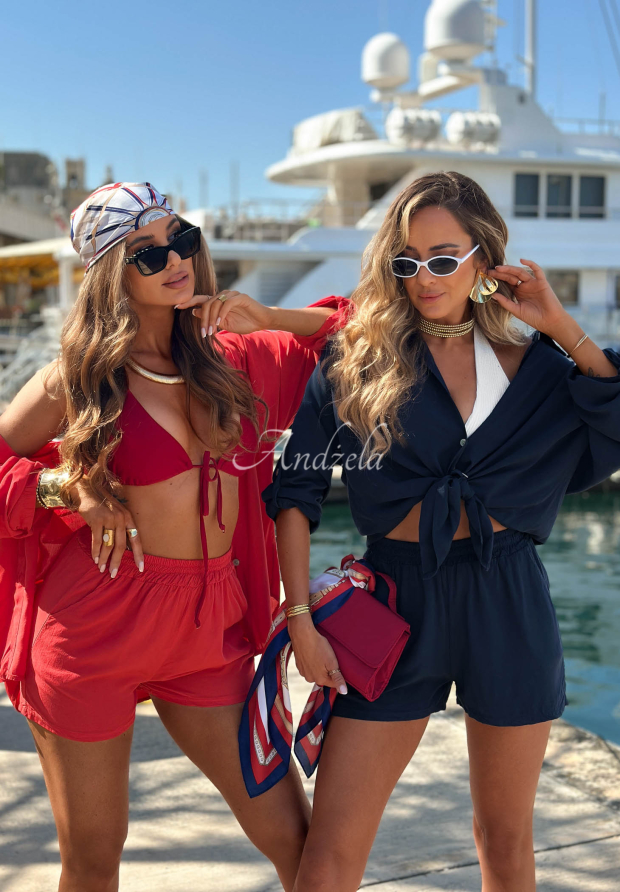 Summer Essence Red Viscose Shirt and Shorts Set