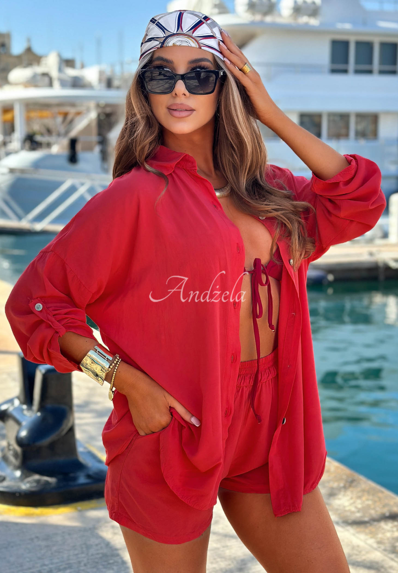 Summer Essence Red Viscose Shirt and Shorts Set