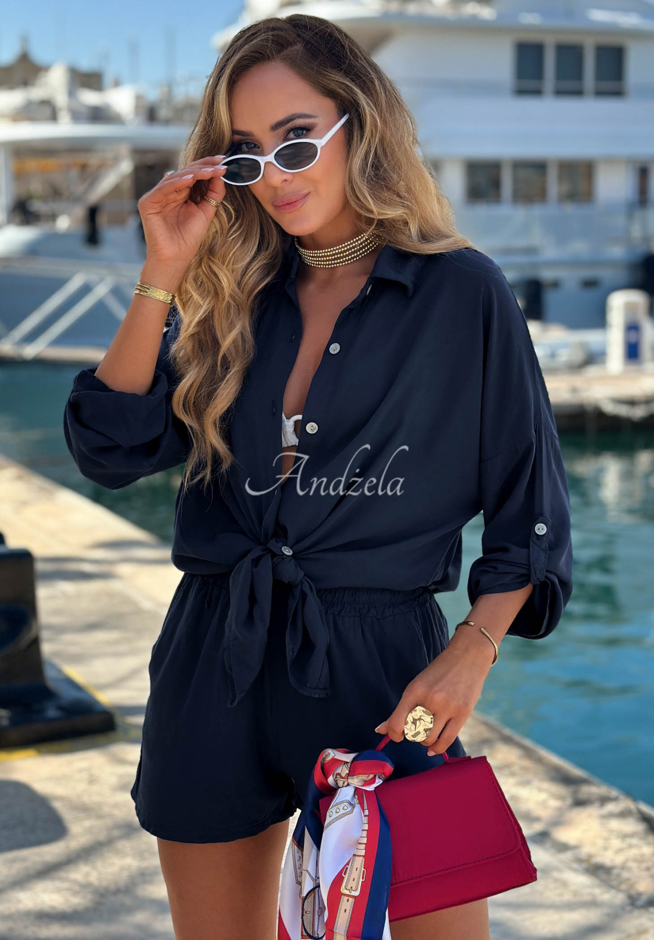 Summer Essence Navy Blue Viscose Shirt and Shorts Set