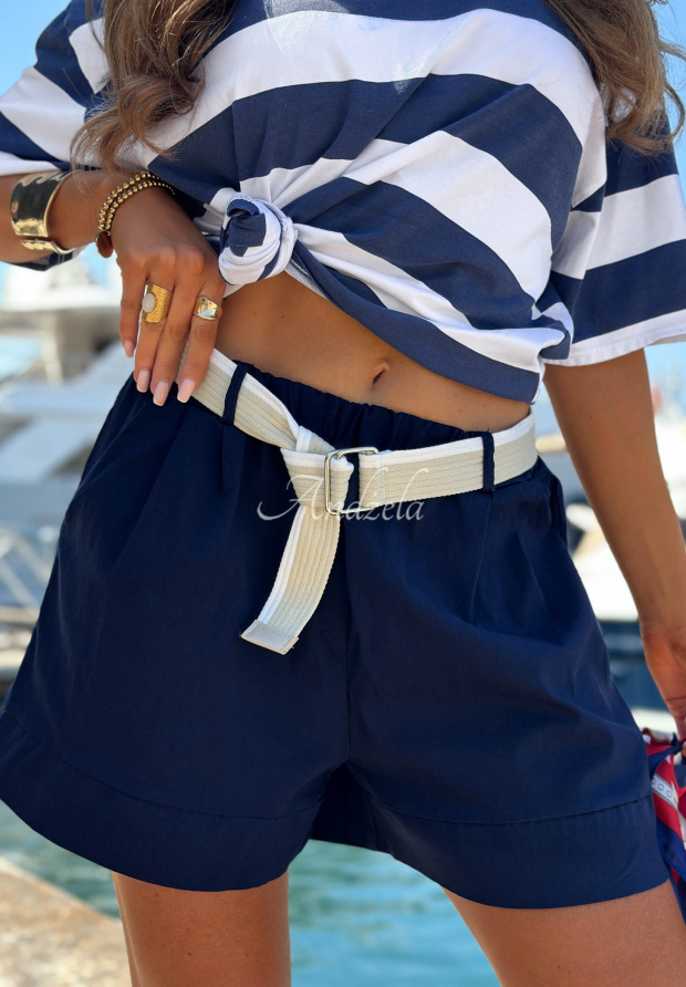 Safari Sun Navy Blue Short Viscose Shorts with a Belt