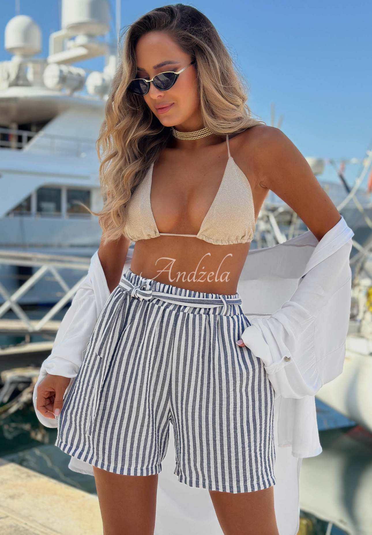 El Marino White and Blue Striped Viscose Shorts