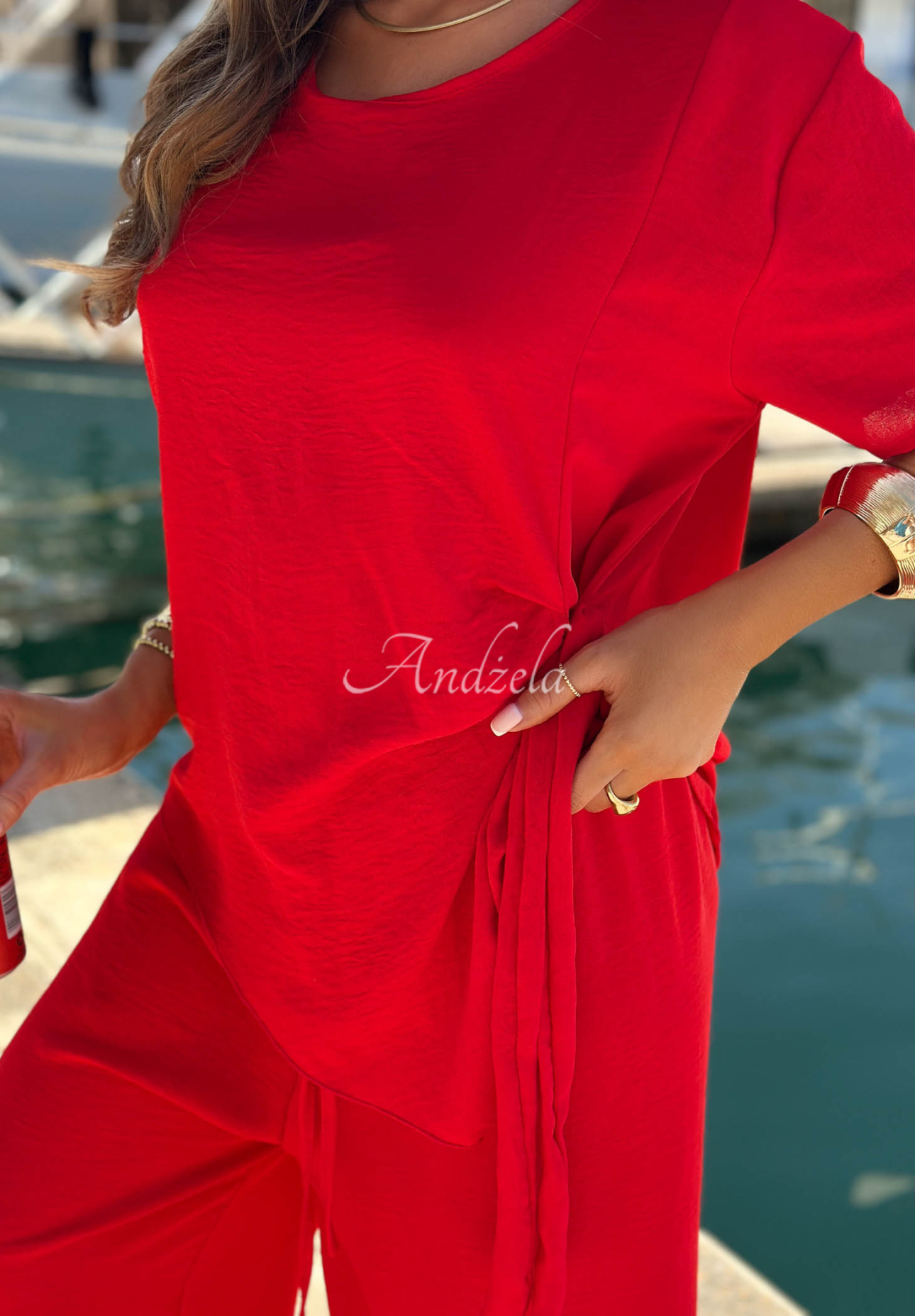 Elite Holiday red viscose set: tie-front blouse and wide-leg pants
