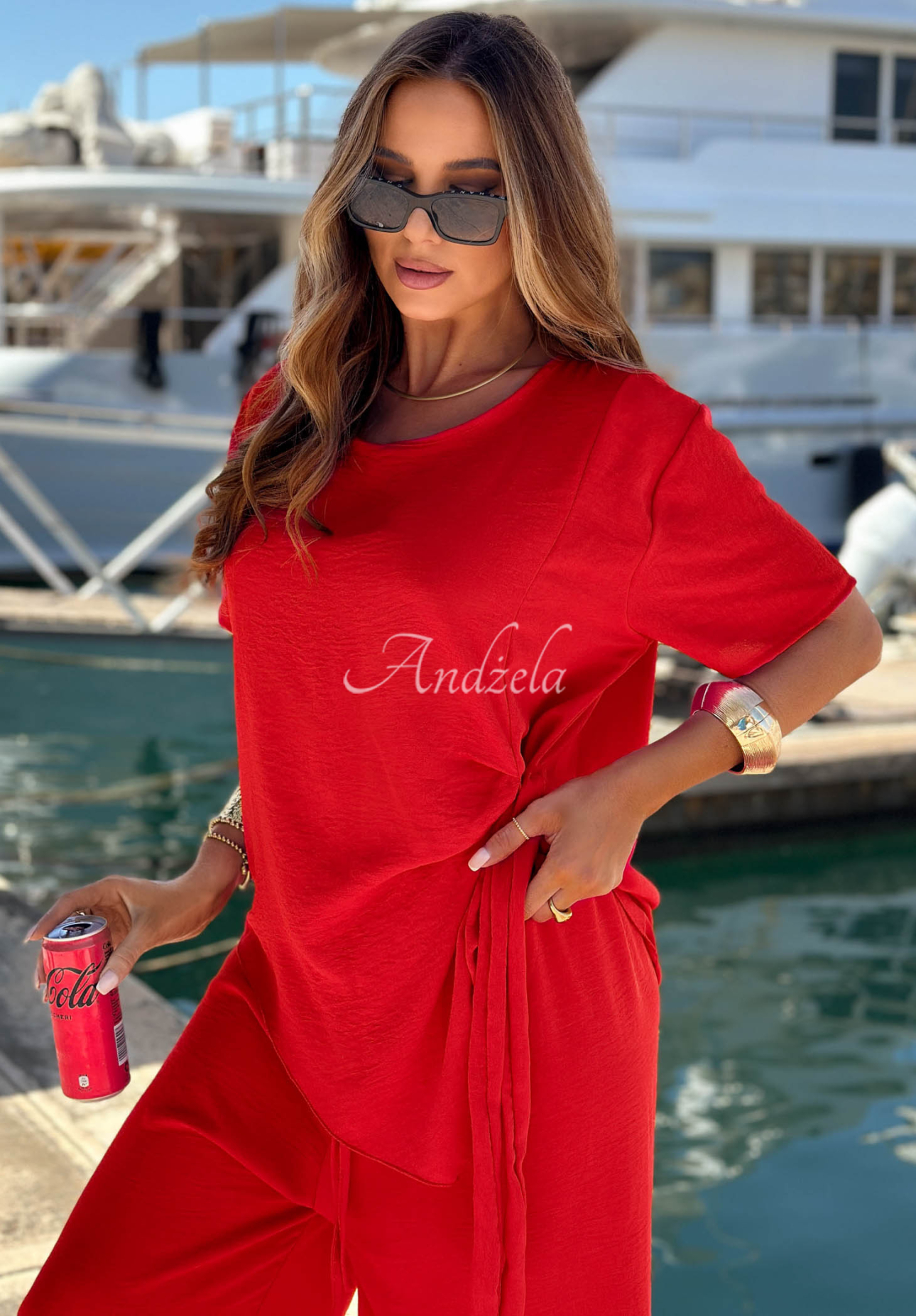 Elite Holiday red viscose set: tie-front blouse and wide-leg pants
