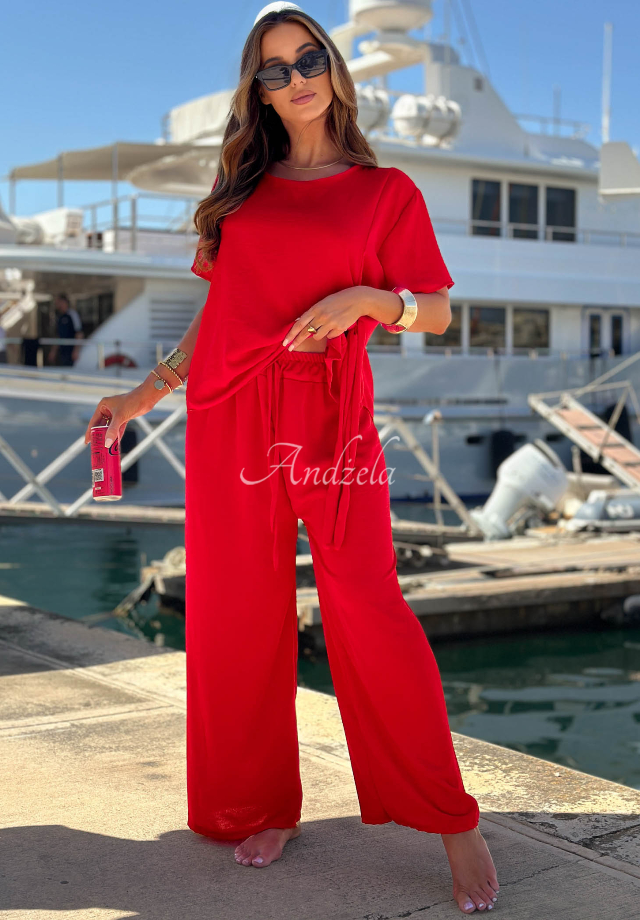 Elite Holiday red viscose set: tie-front blouse and wide-leg pants