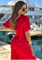 Komplet wiązana bluzka i spodnie wide leg Elite Holiday czerwony