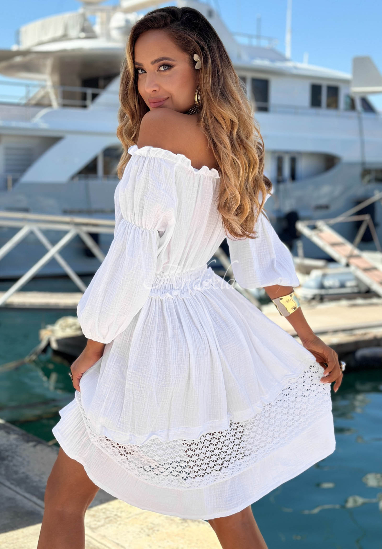 Calm Walk White Off-the-Shoulder Muslin Dress with Lace