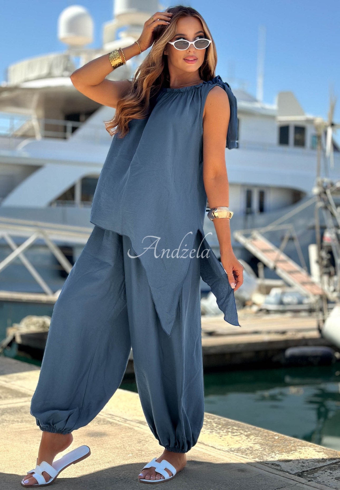 Sun Flame blue viscose blouse and jogger pants set