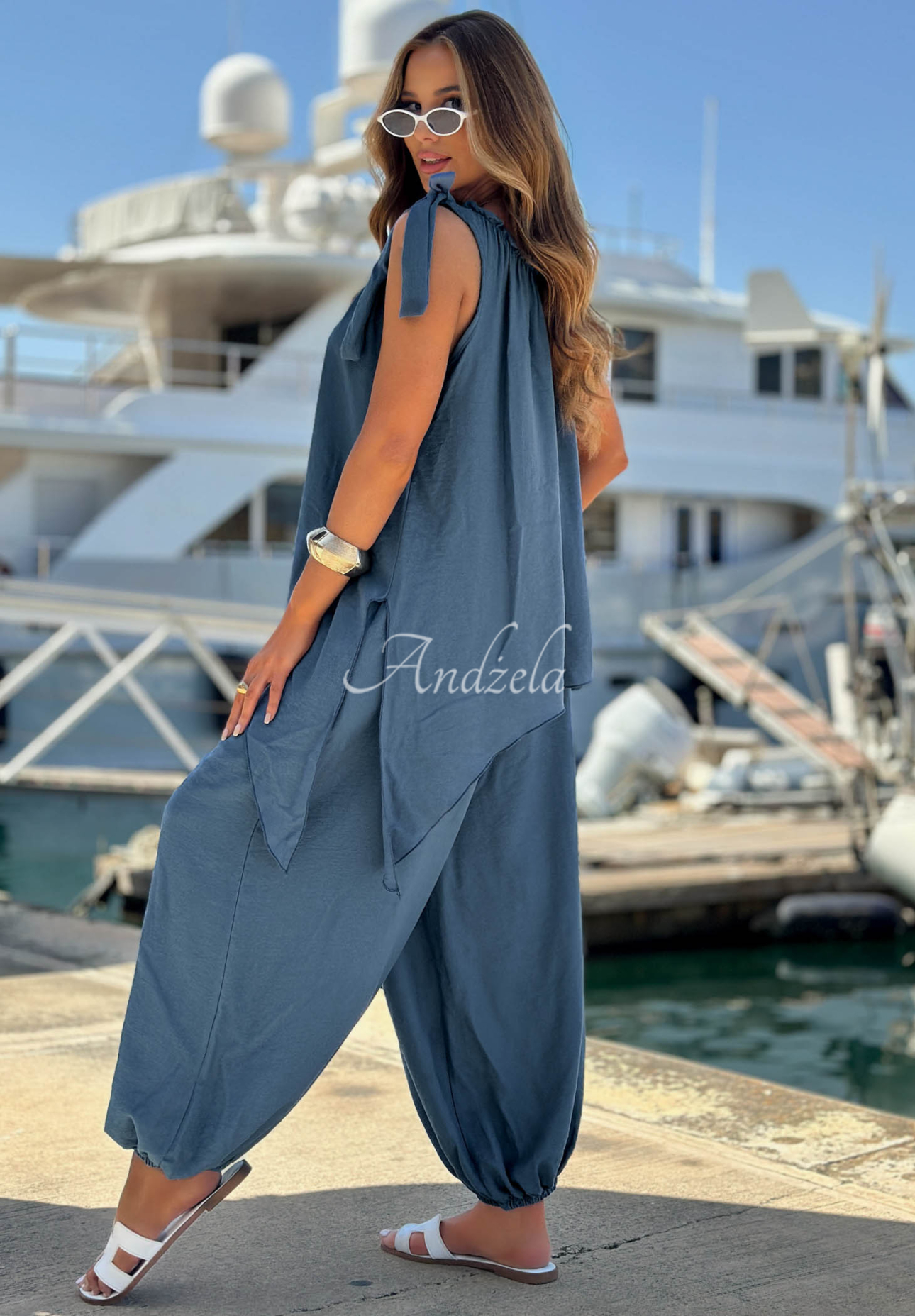 Sun Flame blue viscose blouse and jogger pants set