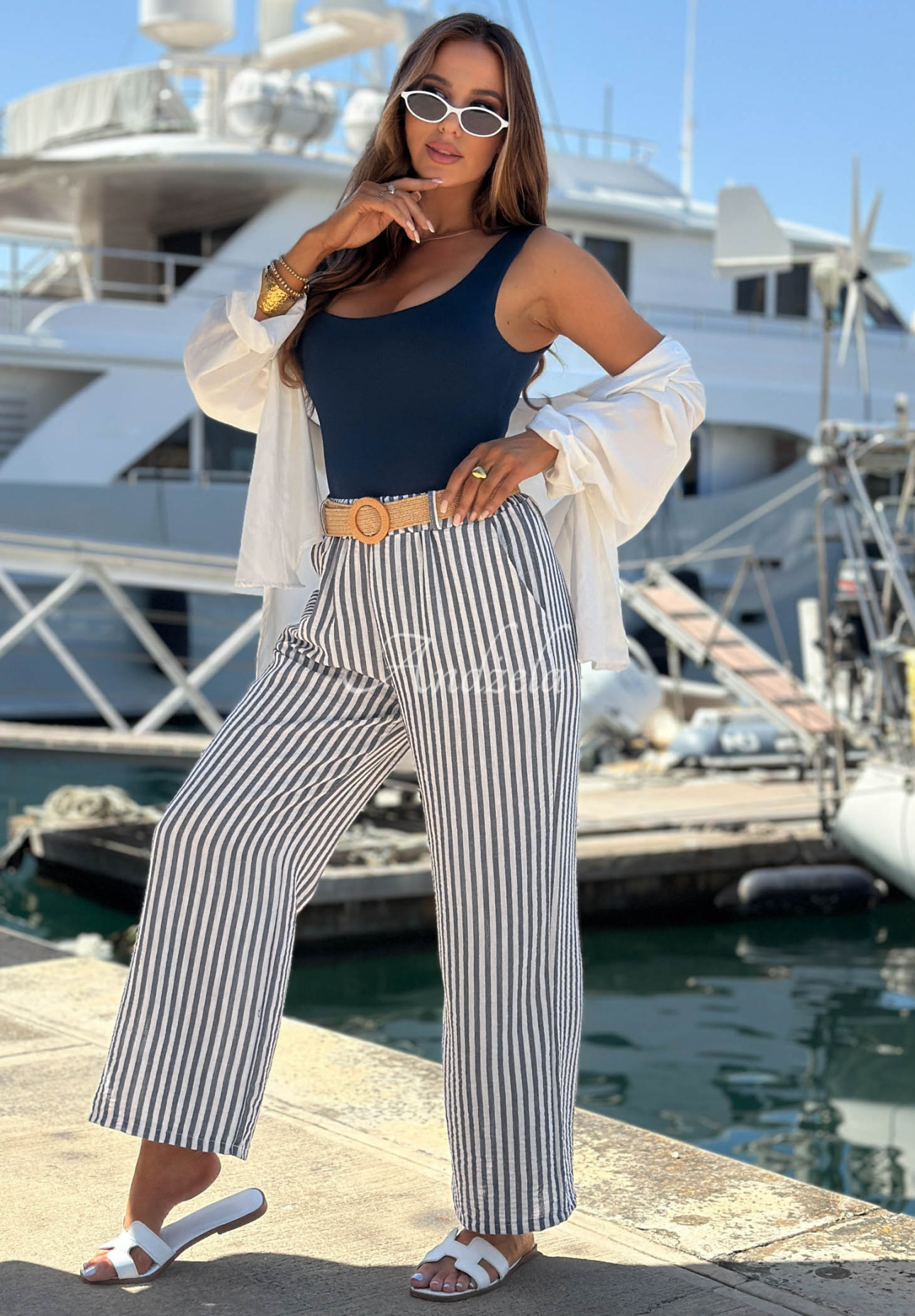 El Marino white and blue striped wide-leg viscose pants