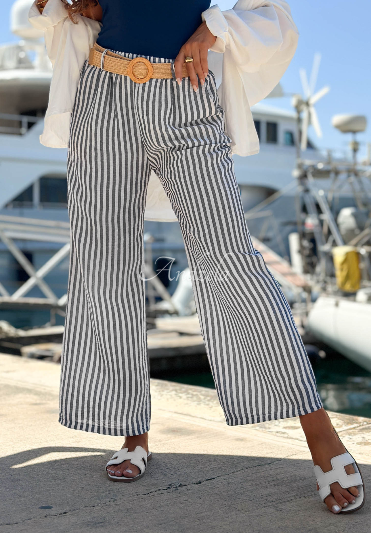 El Marino white and blue striped wide-leg viscose pants