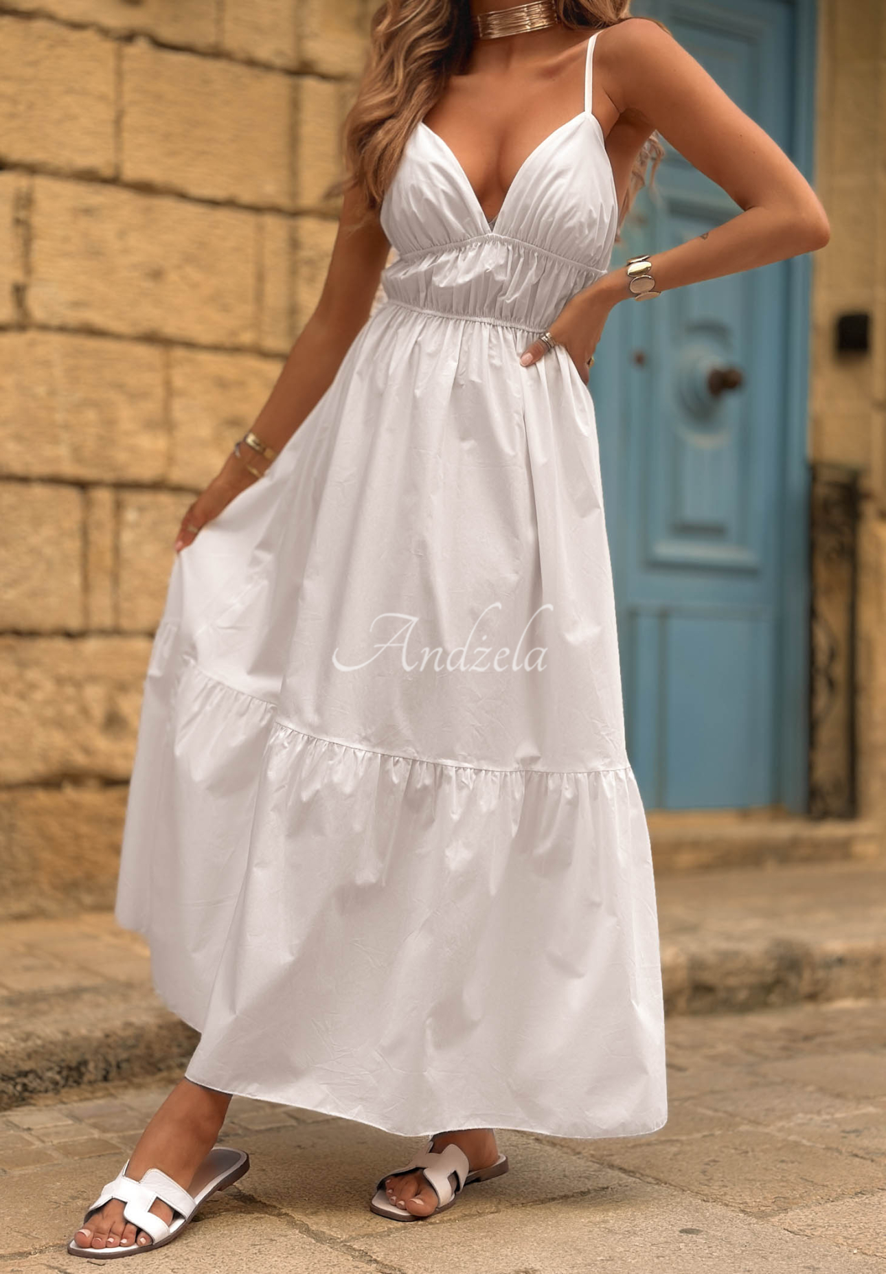 Sunset Lagoon Ecru Cotton Maxi Dress with Spaghetti Straps