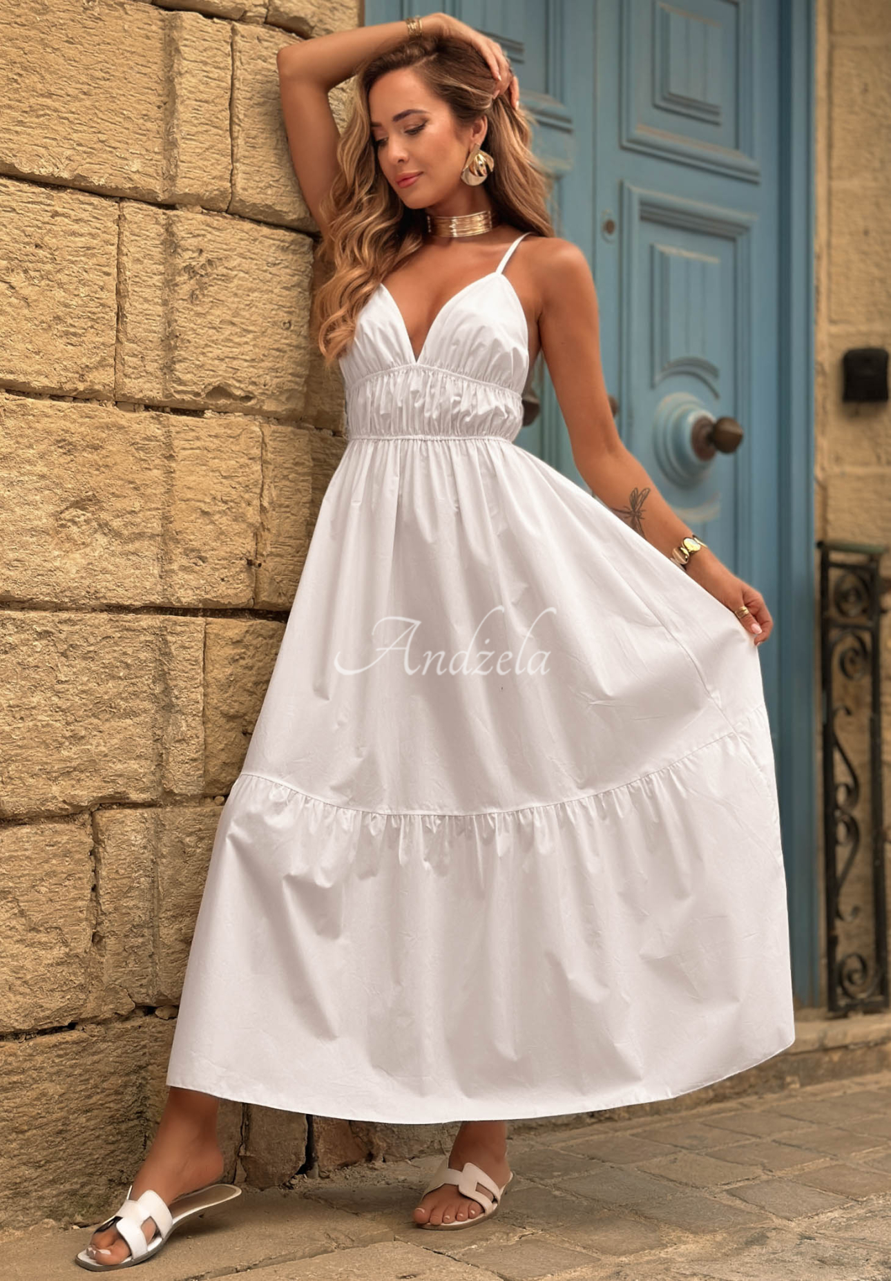 Sunset Lagoon Ecru Cotton Maxi Dress with Spaghetti Straps