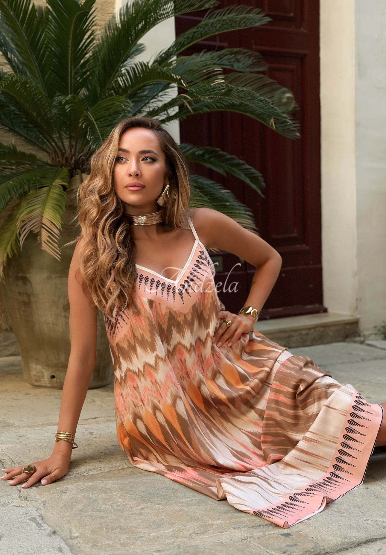 Sunny Sweet Pink and Chocolate-Brown Viscose Spaghetti-Strap Dress