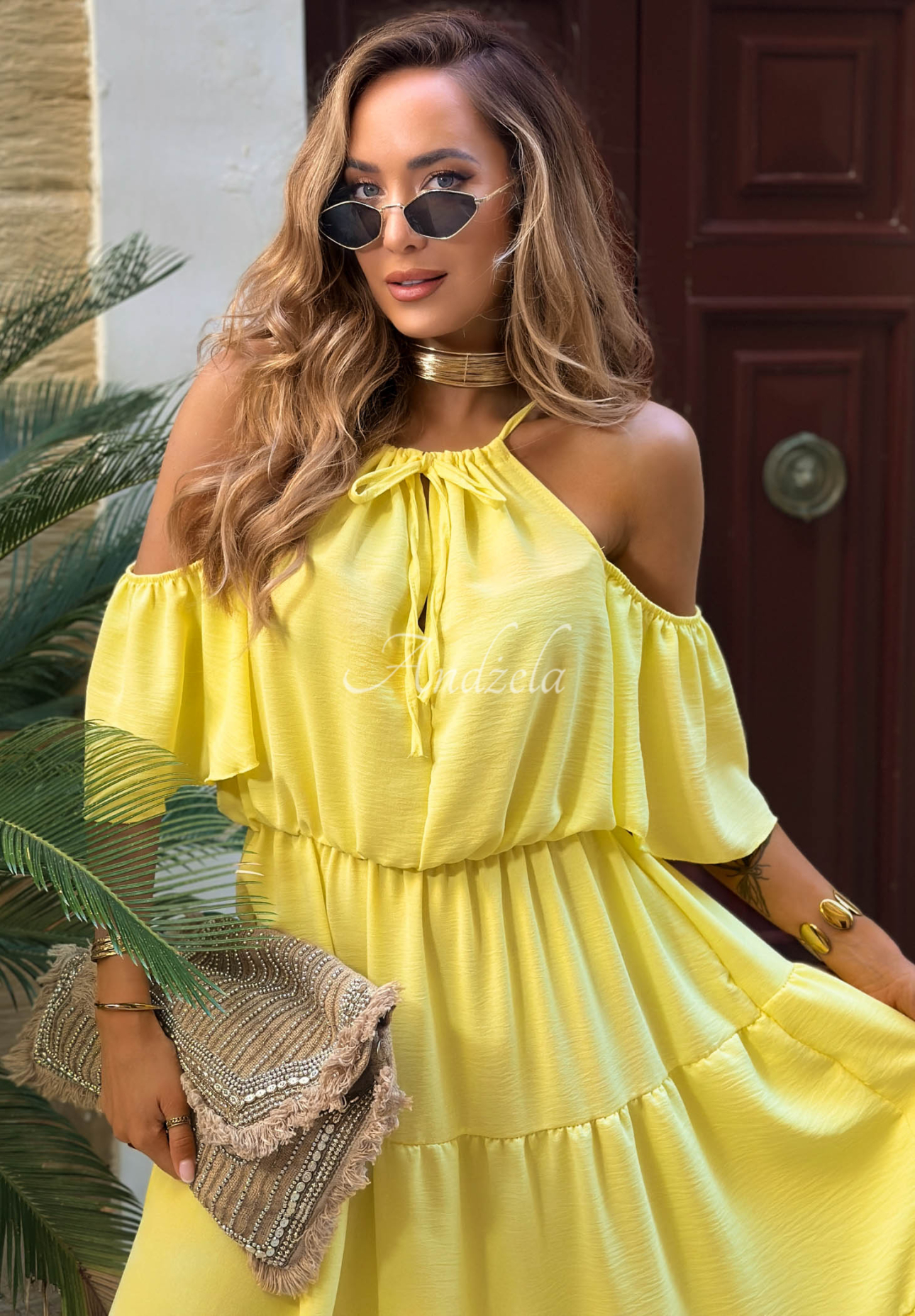Soleil Days Yellow Viscose Midi Dress with Ruffles and Off-the-Shoulder Design