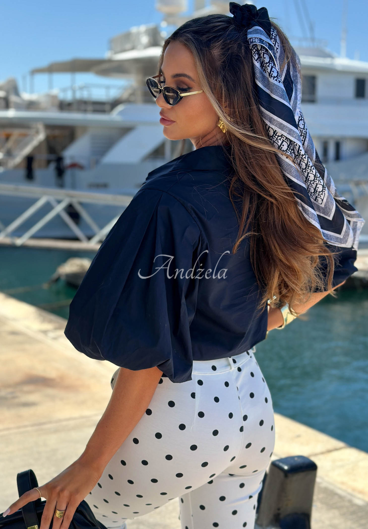 Lagoon Dream Navy Blue Cotton Shirt with Puff Sleeves