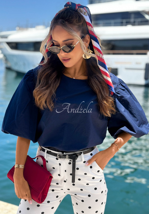 Sweet Summer Navy Blue Cotton Blouse with Puff Sleeves